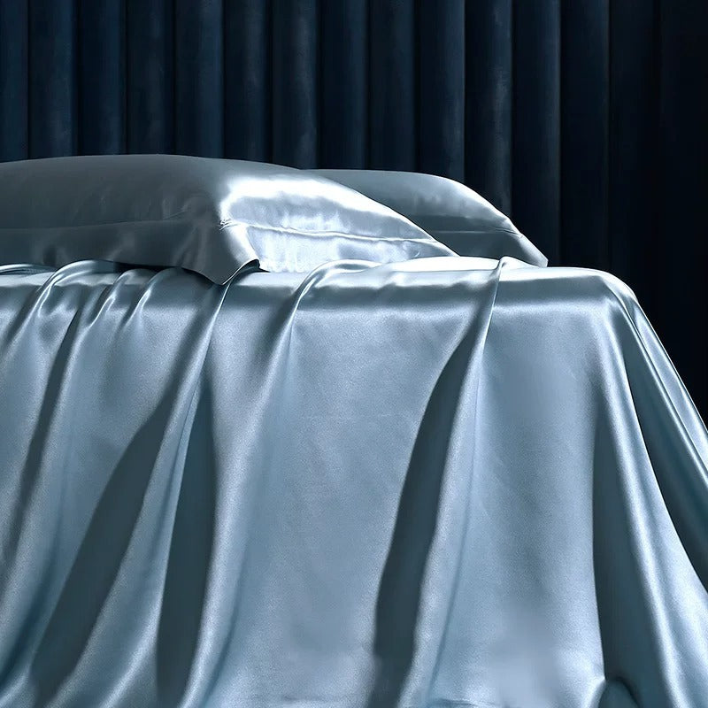 25 momme mulberry silk sheet and pillowcase set in Aqua Blue