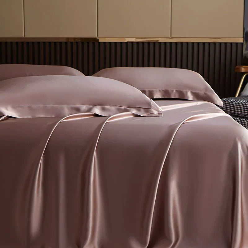 25 momme mulberry silk sheet and pillowcase set in Grape Taupe