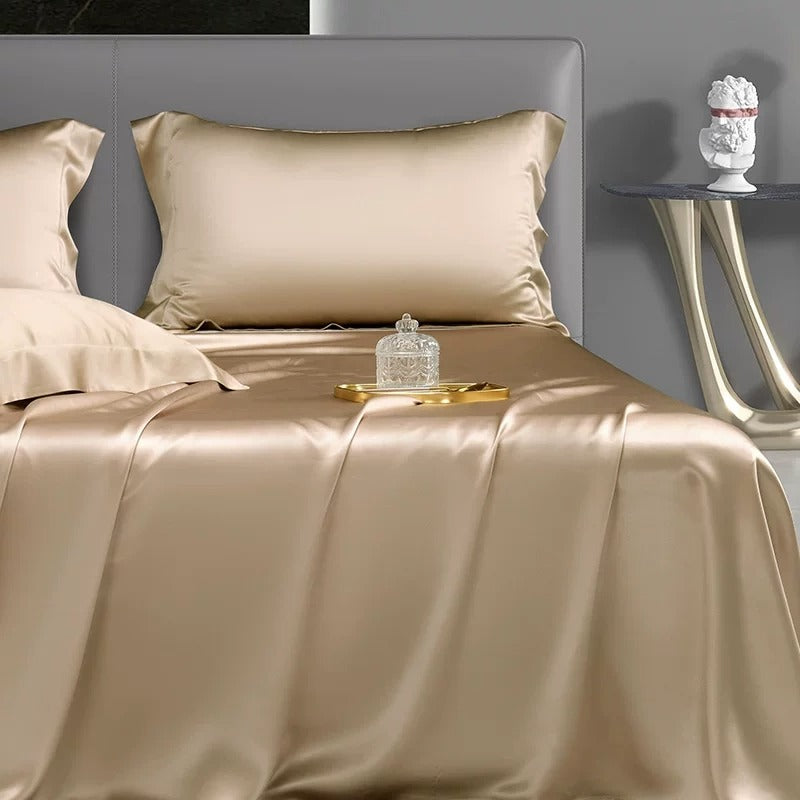 25 momme mulberry silk sheet and pillowcase set in Khaki