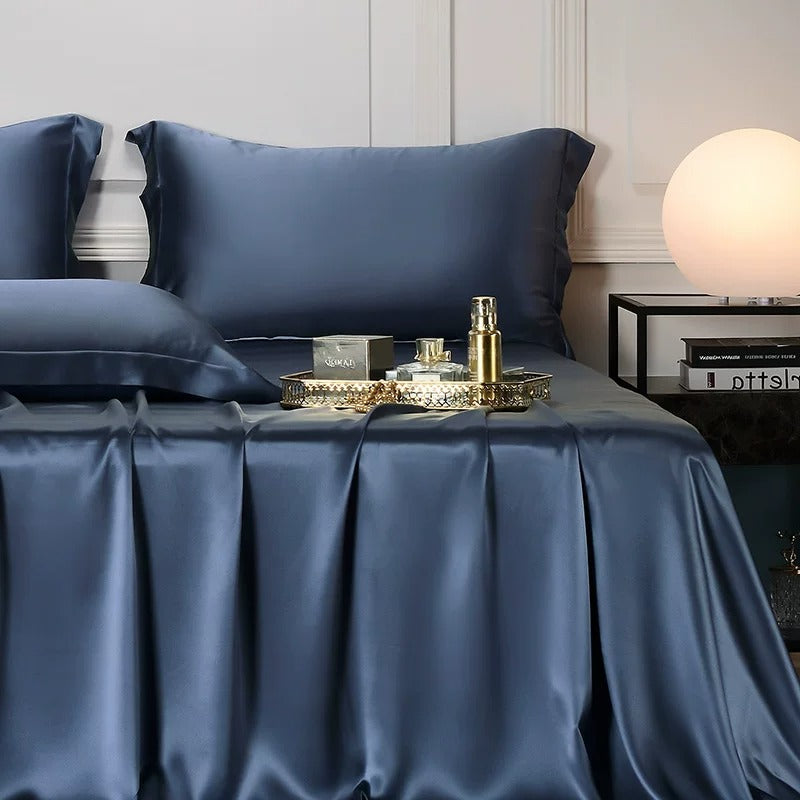 25 momme mulberry silk sheet and pillowcase set in Midnight Blue
