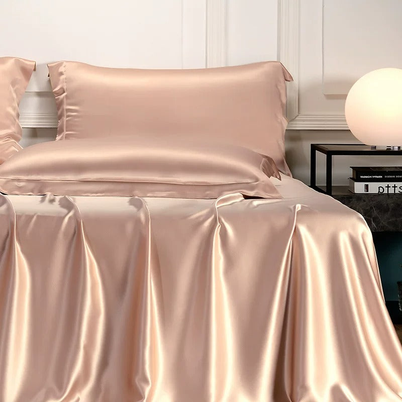 25 momme mulberry silk sheet and pillowcase set in Peach Pink