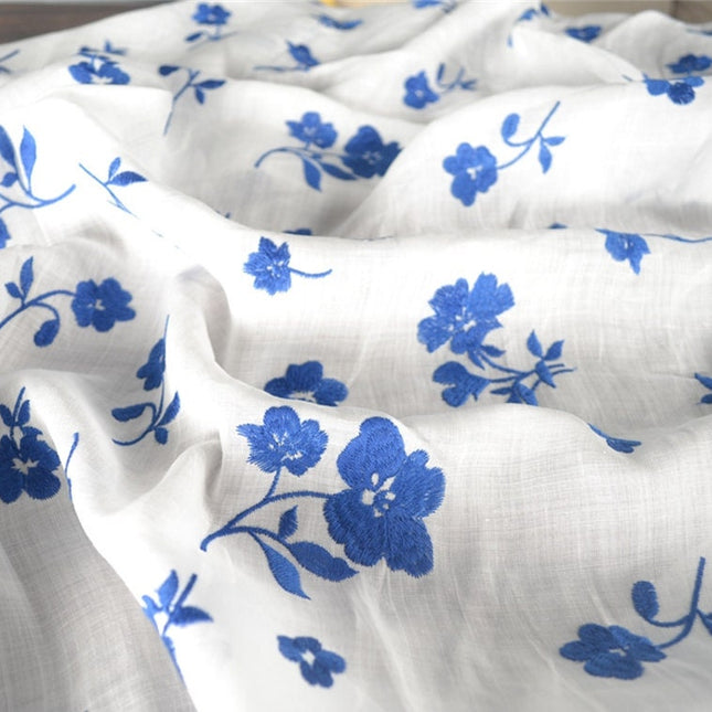 Beautiful Digital Printed Ramie fabric,Embroidered flowers,55"/140cm 100% Ramie fabric, for  dresses, shirts. blouse, by the yard