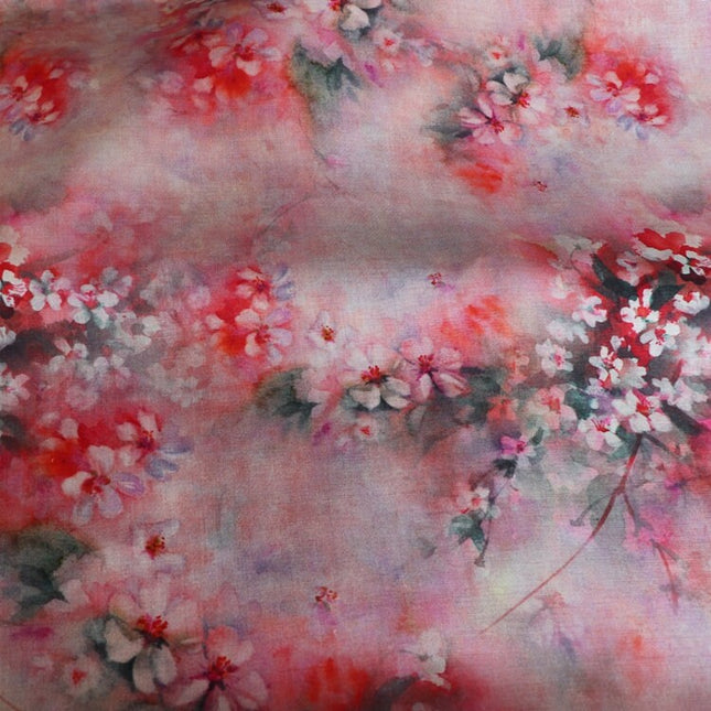 AOMEI - Plum Blossom Print Pink Ramie Fabric-By the Yard