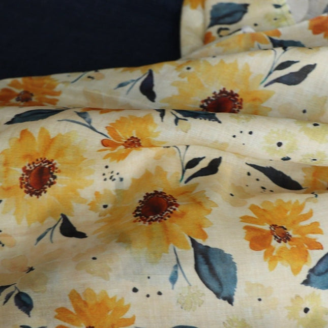 SHUICAIKUI Watercolor Sunflower Print Ramie Fabric By the Yard