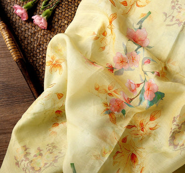 MEIHUA Peach Blossom Floral Printed Yellow Ramie Fabric By the Yard