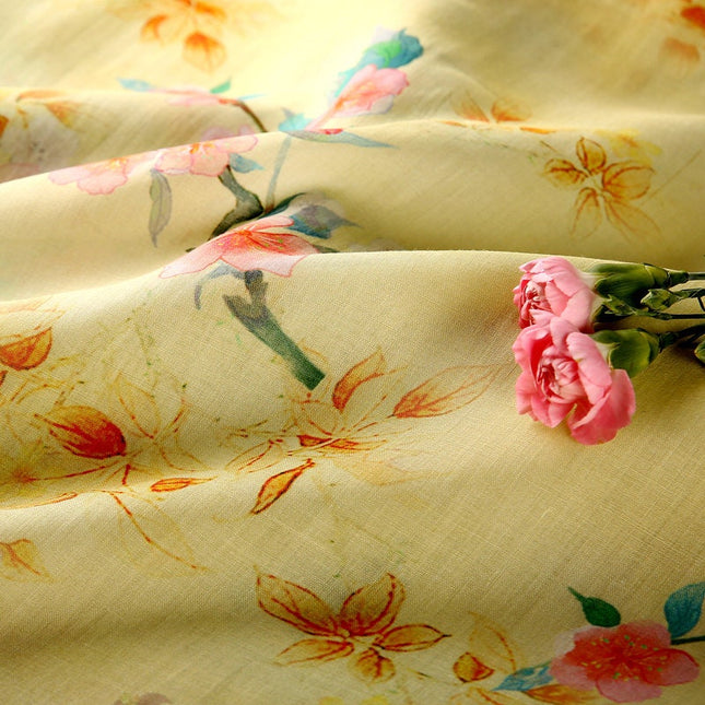 MEIHUA Peach Blossom Floral Printed Yellow Ramie Fabric By the Yard