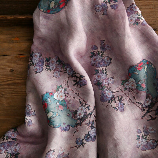 DIEWU Vintage Style Purple Color Floral Printed Ramie fabric By the Yard