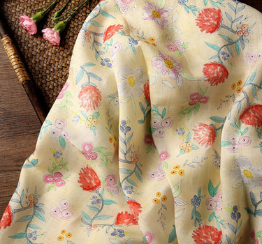 CHURUI Warm Yellow Floral Print 42 Thread Count Ramie Fabric - 140cm wide by the Yard