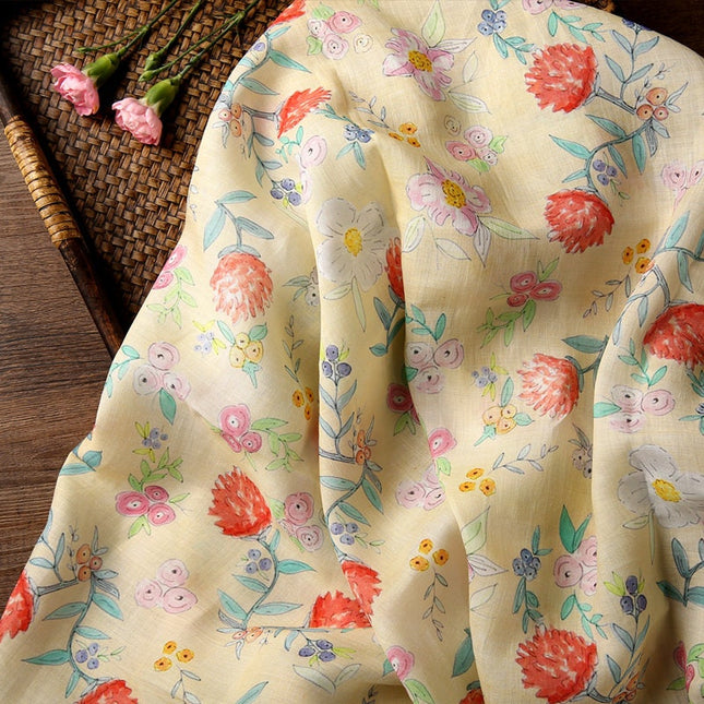 CHURUI Warm Yellow Floral Print 42 Thread Count Ramie Fabric - 140cm wide by the Yard