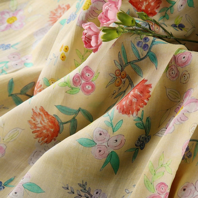 CHURUI Warm Yellow Floral Print 42 Thread Count Ramie Fabric - 140cm wide by the Yard