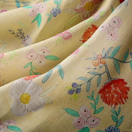 CHURUI Warm Yellow Floral Print 42 Thread Count Ramie Fabric - 140cm wide by the Yard