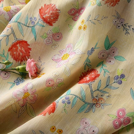 CHURUI Warm Yellow Floral Print 42 Thread Count Ramie Fabric - 140cm wide by the Yard