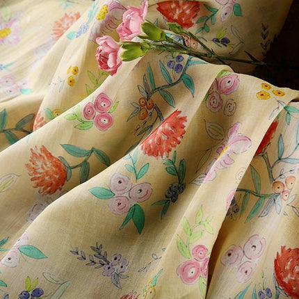 CHURUI Warm Yellow Floral Print 42 Thread Count Ramie Fabric - 140cm wide by the Yard