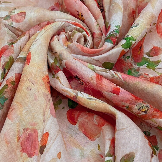 CHAHUA Pink Camellia Print Ramie Fabric By the Yard