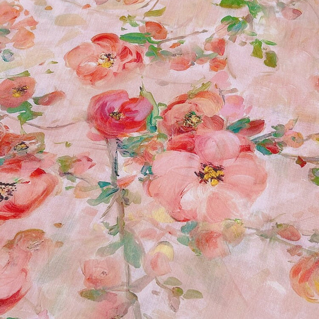 CHAHUA Pink Camellia Print Ramie Fabric By the Yard