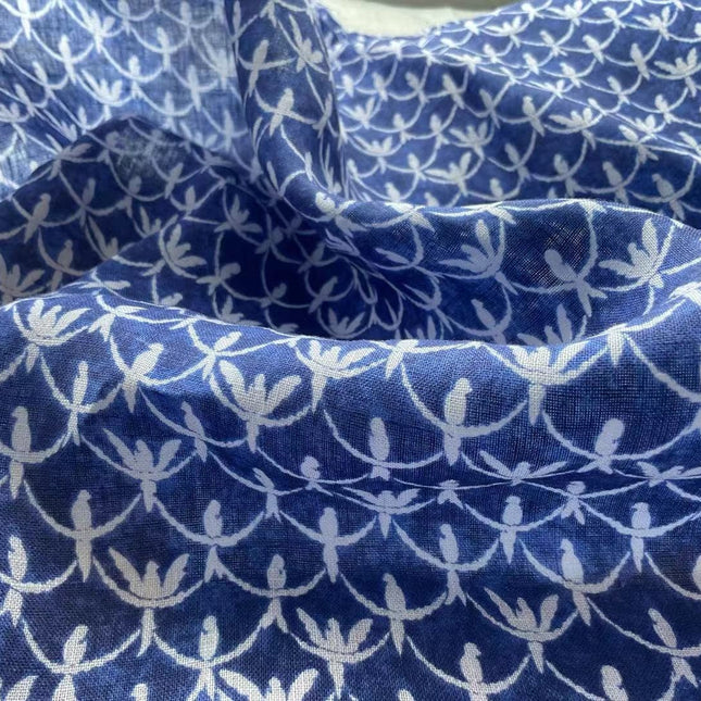 LNYDLLN - Digtital Print Birds Indigo Dye Style Linen Fabric - 130cm wide by the Yard