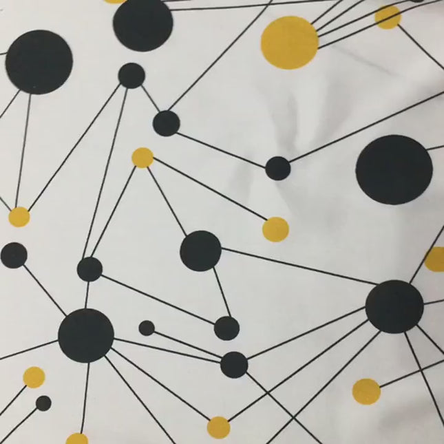 BADHEI - 19 Momme Irregular Lines of Black and Yellow Dots on White Background Pattern Digital Print Stretch Silk Satin Fabric - 108cm wide by the Yard