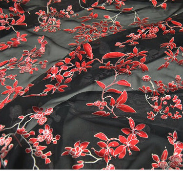 HEIDIHZ - Red Floral Sheer Burnout Silk Devore Satin Fabric - 138cm wide by the Yard