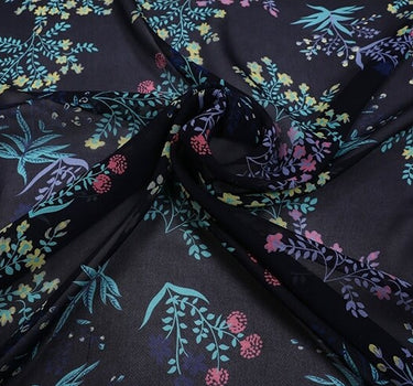 XIAOHUA - 12 Momme Floral Print on Dark Blue Silk Georgette Fabric 138cm by the Yard