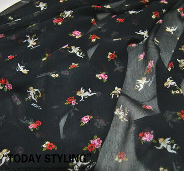 CUPID - 10 Momme digital floral print on black crinkled silk Georgette fabric 140cm by the Yard