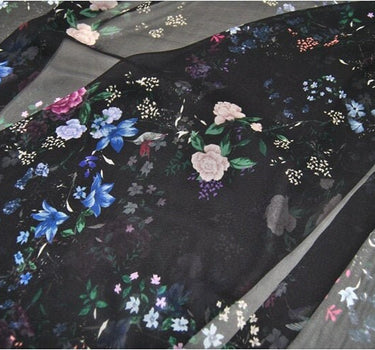 DOUKOU - 8 Momme Birds and Floral print Black Silk Georgette Fabric 140cm by the Yard