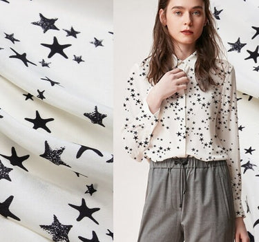 WUJIAOXIN - 16 Momme Little Star Print Silk Crepe de Chine Fabric - 138cm wide by the Yard