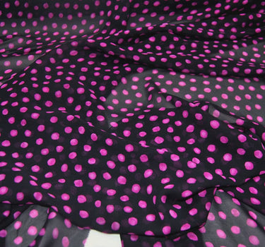 PINKA - 10 Momme Pink Polka Dots on Black Silk Georgette Fabric - 138cm by the yard