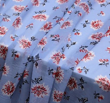 XUERHUA - 10 Momme Red Floral on Cool Blue Silk Georgette Fabric 138cm by the Yard