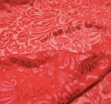 HONGDU - Red Flowers Sheer Burnout Silk Devore Satin Fabric - 114cm wide by the Yard