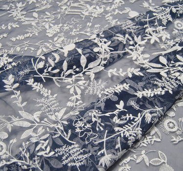 HAIKUO - Navy Blue Embroidered Silk Organza Fabric - 130cm wide by the Yard