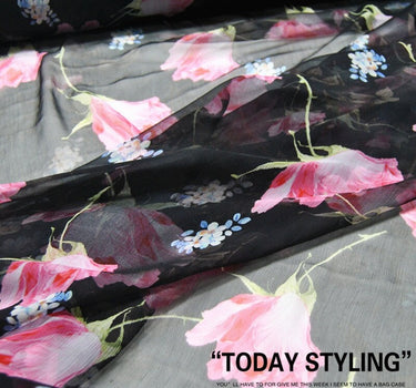 FENHUA - 6 Momme Pink Floral Print on Black Crinkled Silk Georgette Fabric 140cm by the Yard