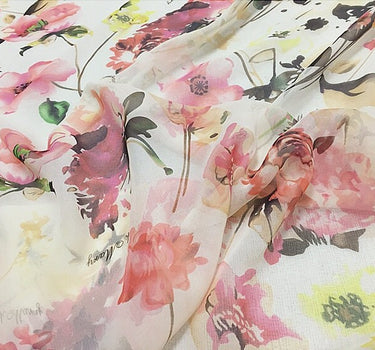 WENROU - 8 Momme Soft Pink Floral Print on White Silk Georgette Fabric - 110cm wide by the Yard