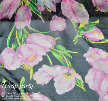 YUJINXIANG - 5 Momme Pink Tulip Print Crinkled Silk Georgette Fabric - 135cm wide by the Yard