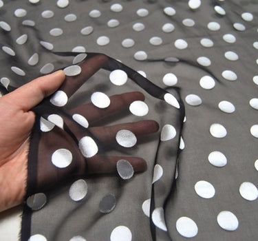 BAIHEIDI - White Polka Dots Black Sheer Burnout Silk Devore Satin Fabric - 138cm wide by the Yard