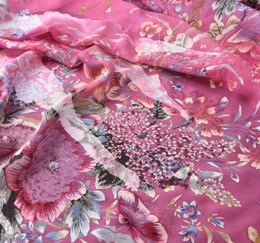 ROUFEN - Pink Floral Print Sheer Burnout Silk Devore Satin Fabric - 114cm wide by the Yard