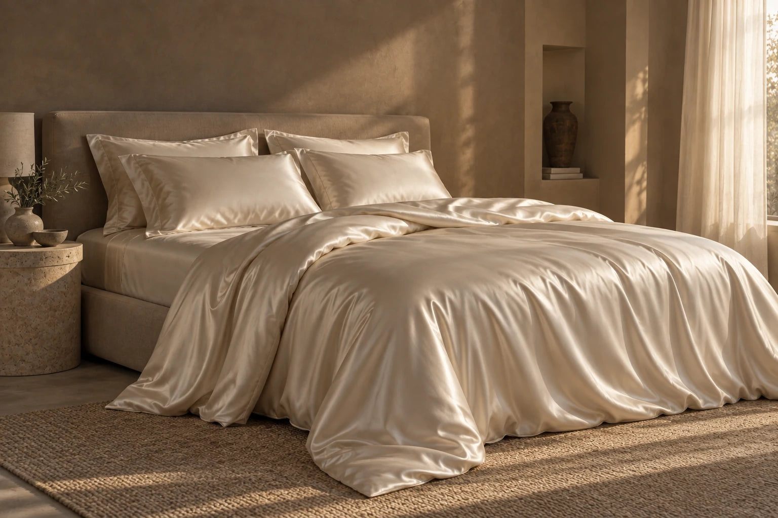Ivory silk bedding in a warm, softly lit bedroom