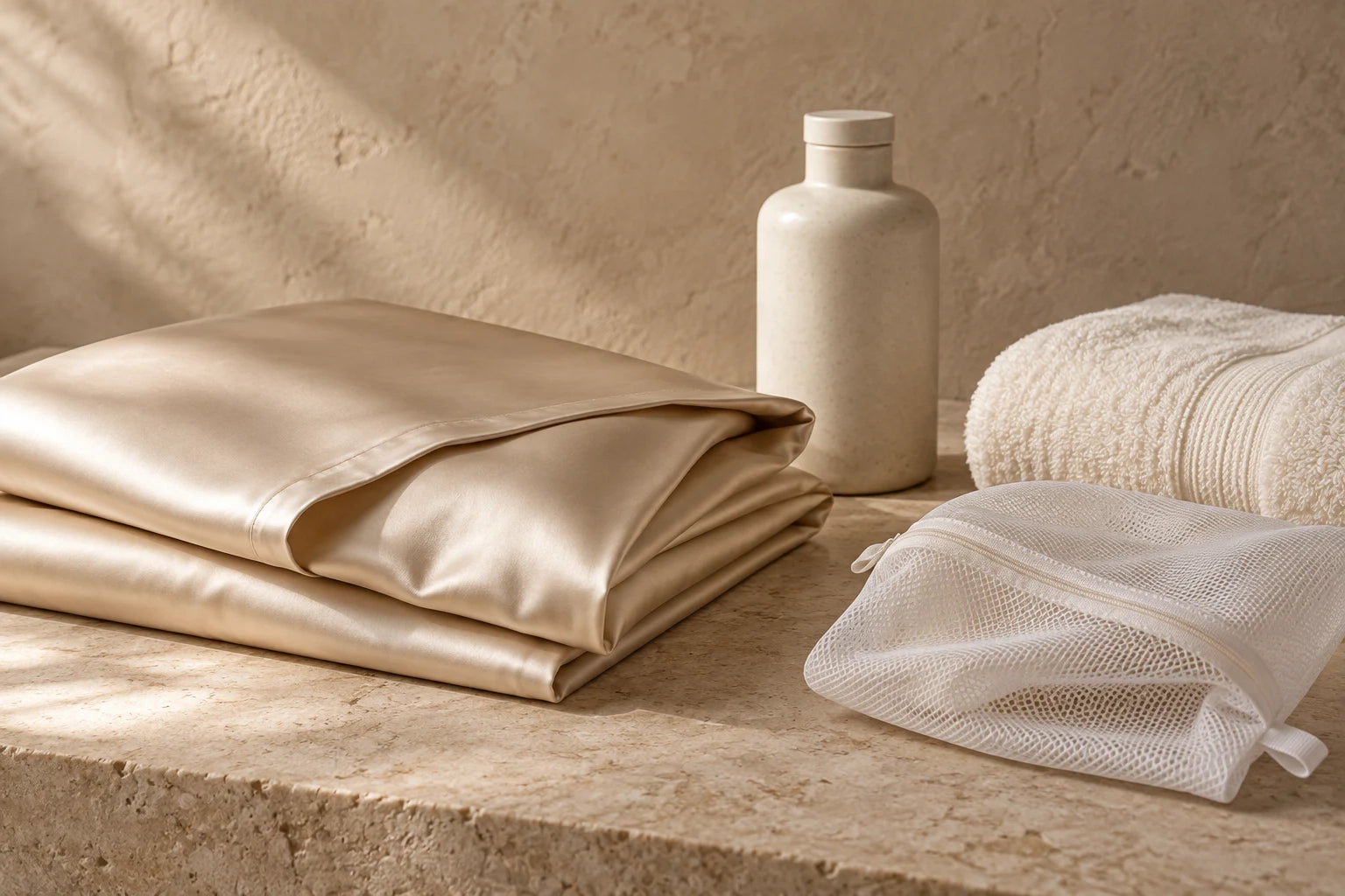 Folded silk, a towel and a mesh wash bag