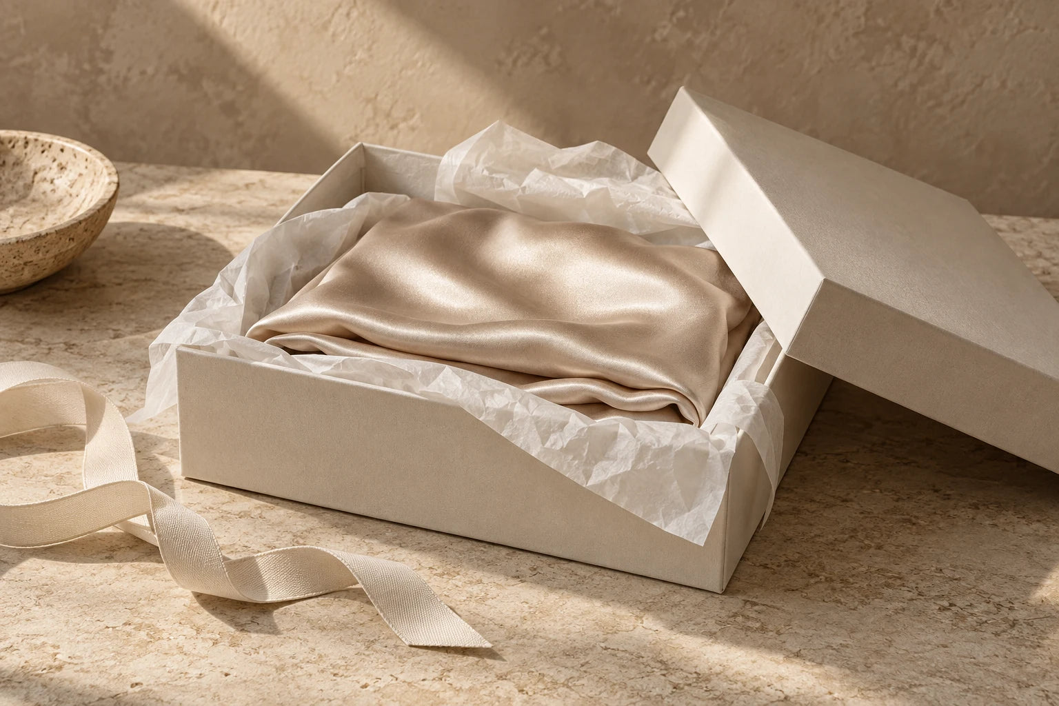 Silk arranged in tissue paper inside a box