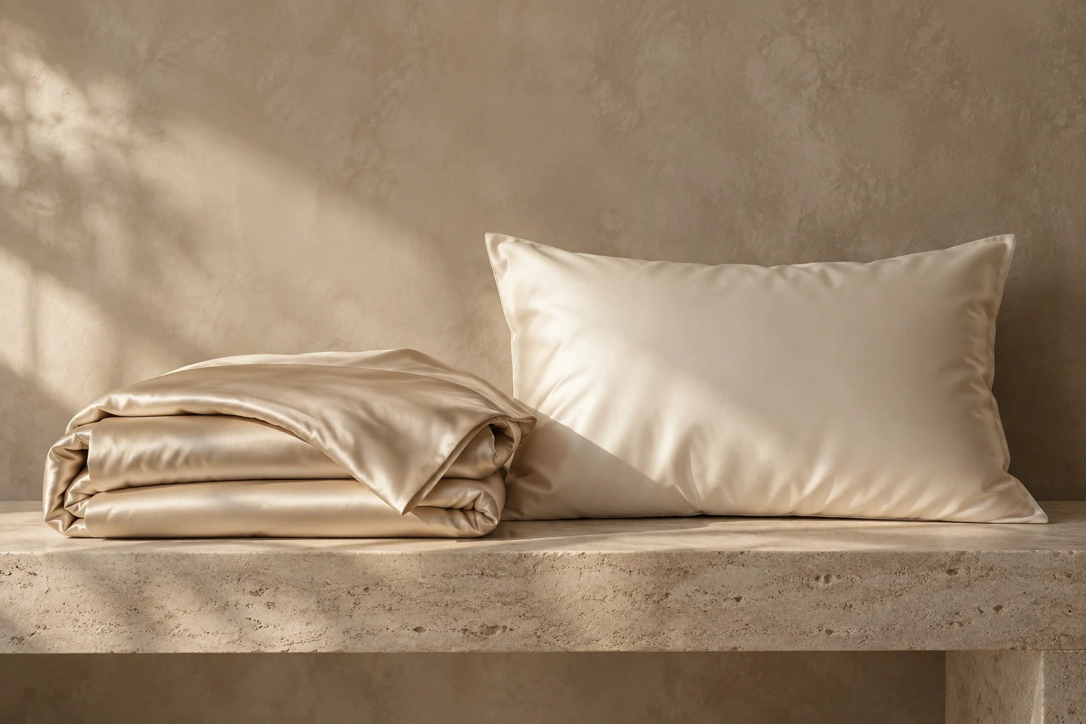 Ivory silk pillow and folded champagne bedding